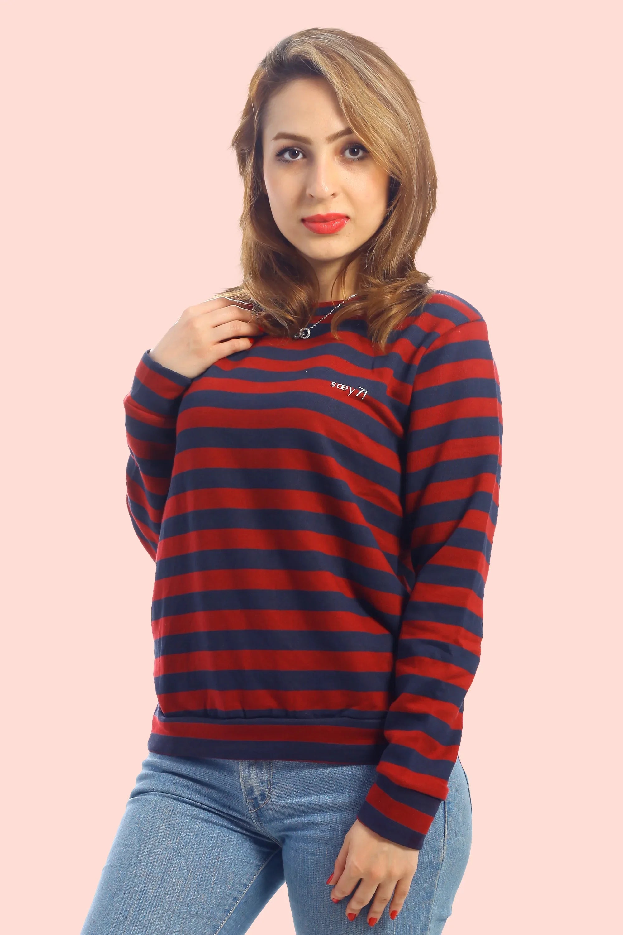 RUE NOEL - Cherry Red/Navy Stripes Sweatshirt (UNISEX) - saey7