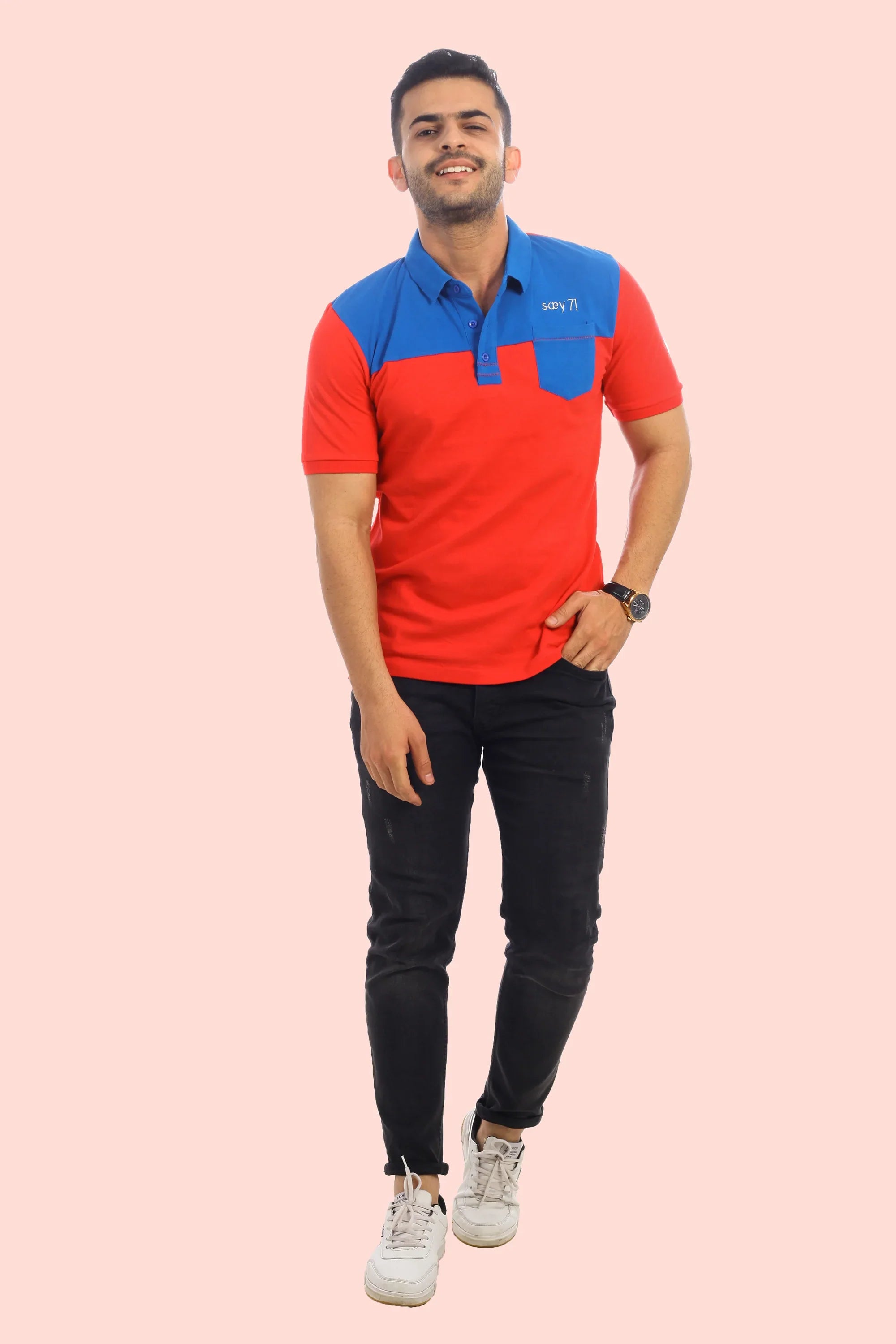 RUE TIMOTHÉE - Royal Blue and Glowy Red Pique Polo T-Shirt - saey7